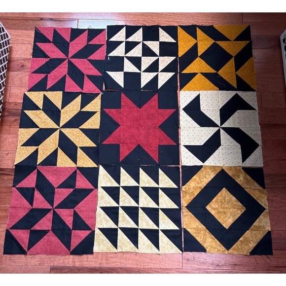Quilt Blocks Patchwork Set of 20 Red/Yellow/Black Cotton Fabric Squares 10.5"x10 - Picture 1 of 6